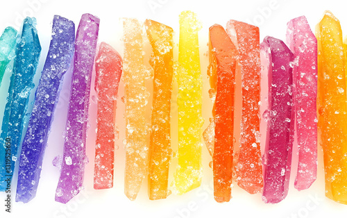 Colorful rock candies arranged in a vibrant array, perfect for festive occasions and sweet treats. photo