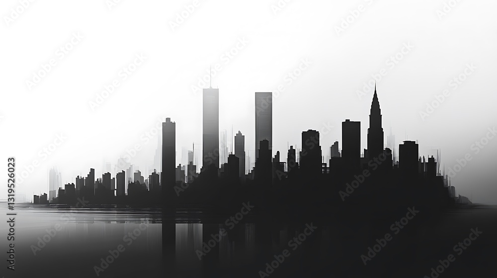 Naklejka premium A monochromatic silhouette depicts a city skyline with reflections in water