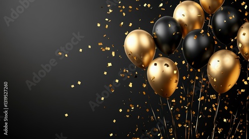Festive gold and black balloons with confetti