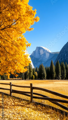 Golden autumn landscape with majestic mountains.  Fall foliage, a wooden fence, and a bright, clear sky