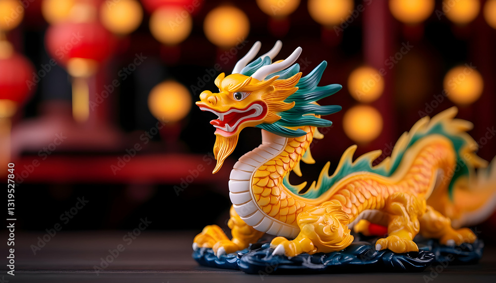 Fototapeta premium Golden dragon figurine, festive background