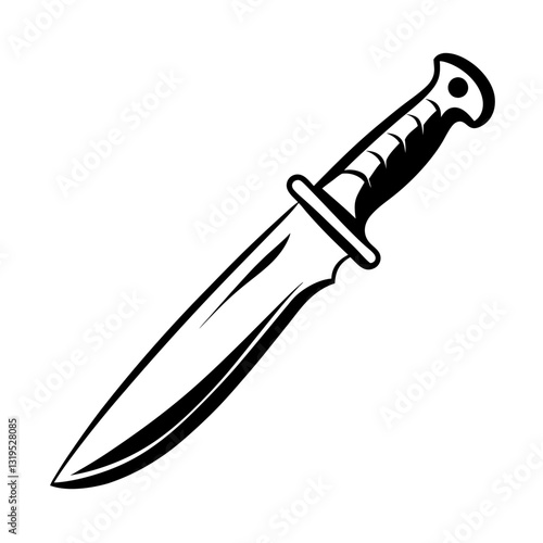 Black and white illustration of a combat knife with detailed handle