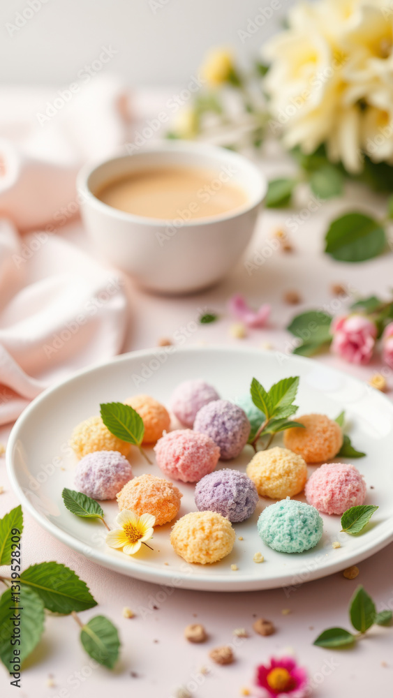 A delightful assortment of dye-free candies garnished with edible flowers on a white tablecloth. A delightful assortment of dye-free candies garnished with edible flowers on a white tablecloth.