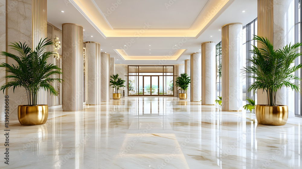 Grand hotel lobby with marble flooring and columns Grand hotel lobby with marble flooring and columns