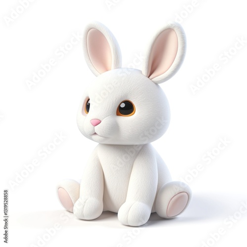 Cute White Cartoon Rabbit with Expressive Eyes on a White Background