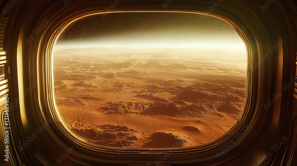 View of Mars from a transparent space capsule window, highly detailed red planet landscape View of Mars from a transparent space capsule window, highly detailed red planet landscape