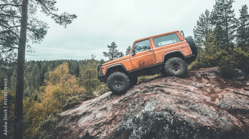 Obraz premium Off-Road Adventure with Orange Vehicle on Rocky Landscape