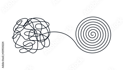 Mental health, psycho therapy concept, equal rings and scribbles, brainstorming, therapist and patient, brain with tangled knot and order in man head, mental problem solving
