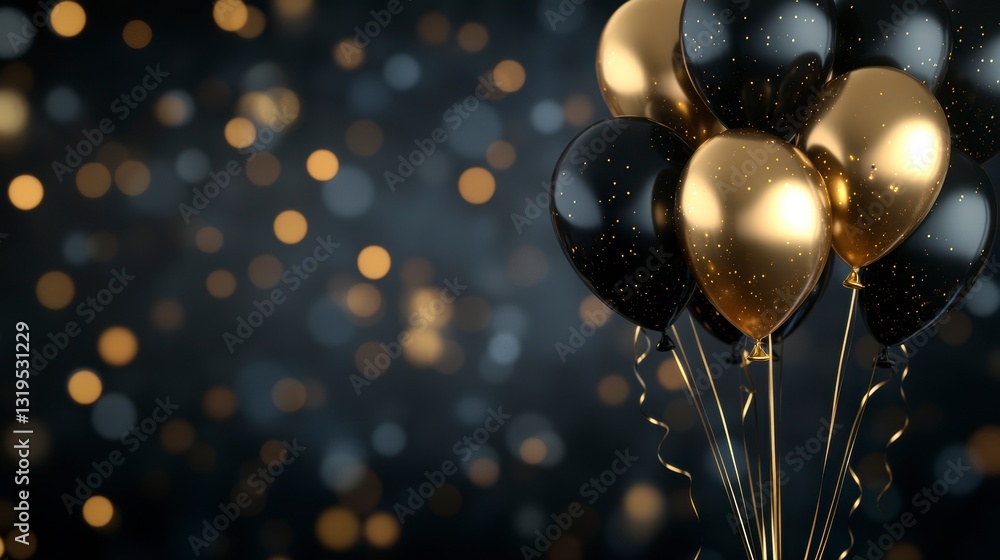 Black and gold balloons against bokeh background. Possible use party invitation Black and gold balloons against bokeh background. Possible use party invitation