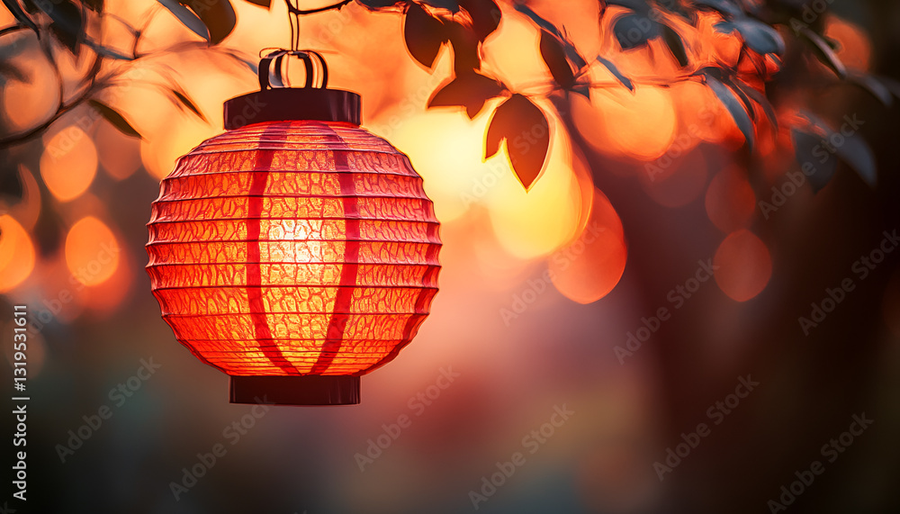 Fototapeta premium Glowing red lantern in serene garden at sunset