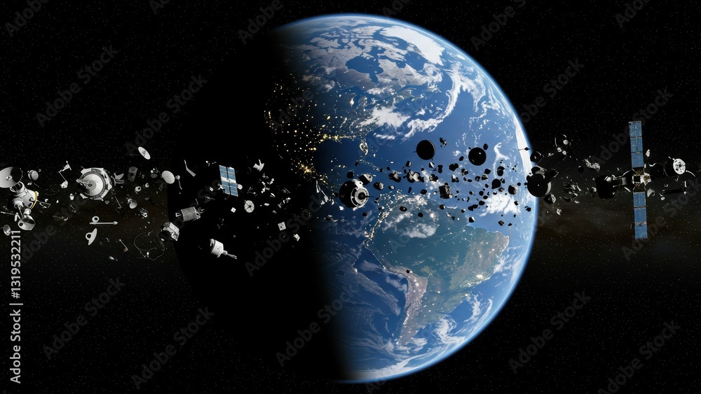 Earth surrounded by satellites and space debris in cosmic setting Highlights impact of technology, sustainability, and exploration