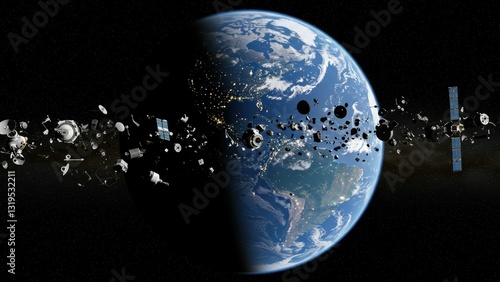 Earth surrounded by satellites and space debris in cosmic setting Highlights impact of technology, sustainability, and exploration