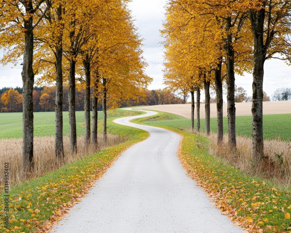 Fototapeta premium A warmtoned 1950sstyle photograph of a winding country pathway lined with towering trees and golden leaves