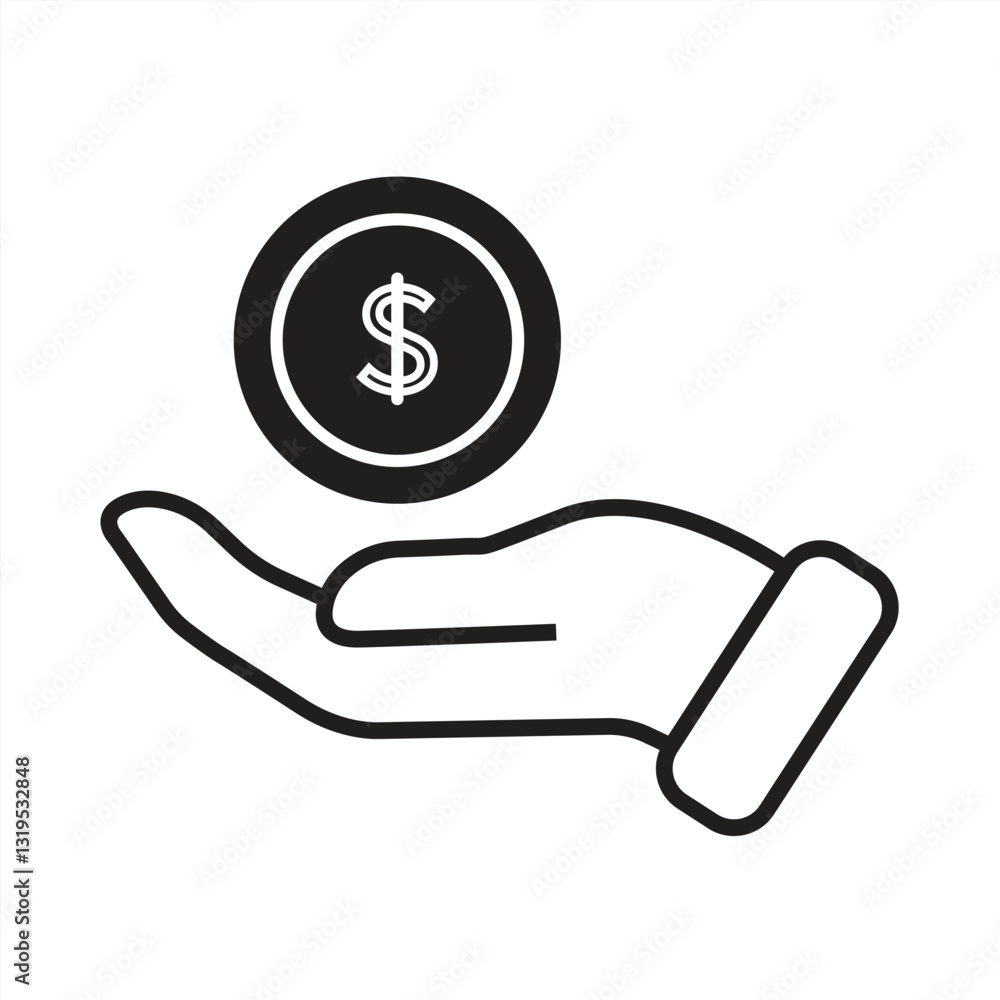 single hand icon holding a coin, to find out the development of the rise and fall of currency. vector illustration single hand icon holding a coin, to find out the development of the rise and fall of currency. vector illustration