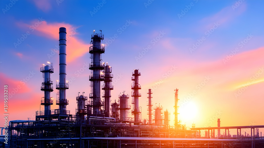 Fototapeta premium Industrial refinery complex at sunset (1)
