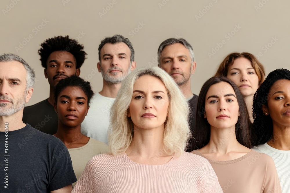 capture diverse group of people facing camera with expressions of hope and resilience standing together against neutral capture diverse group of people facing camera with expressions of hope and resilience standing together against neutral
