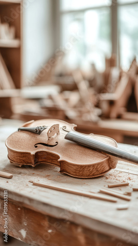 Handcrafted violin in workshop setting with precision tools and wood shavings highlighting artisanal craftsmanship photo