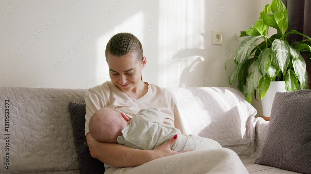 Happy mother smiles holding her baby in her arms and feeding him. Young woman enjoys the process of breastfeeding her baby in the divine morning light at home. Motherhood divine process Happy mother smiles holding her baby in her arms and feeding him. Young woman enjoys the process of breastfeeding her baby in the divine morning light at home. Motherhood divine process