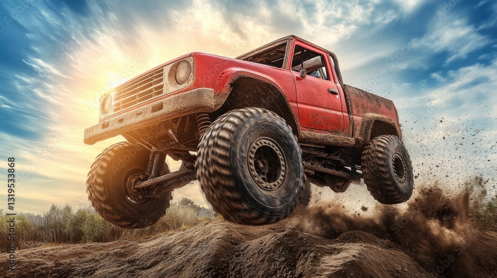 Red Off-Road Truck Jumping in Dusty Terrain Under Bright Sky Red Off-Road Truck Jumping in Dusty Terrain Under Bright Sky