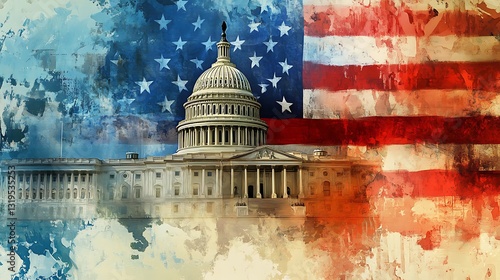 US Capitol building with an American flag backdrop, artistic watercolor effect.