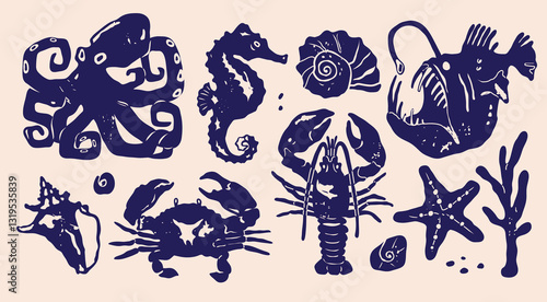 Marine, ocean life. Underwater sea creatures set. Octopus, seahorse, nautilus shell, angler fish, crab, lobster, starfish, coral. Hand drawn modern Vector illustration. Isolated design elements