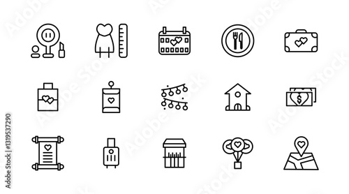 Wedding line icons set collection. Love beauty celebration wedding couple bride marriage flat icon pack. UI flat icons collection. Thin outline icons pack