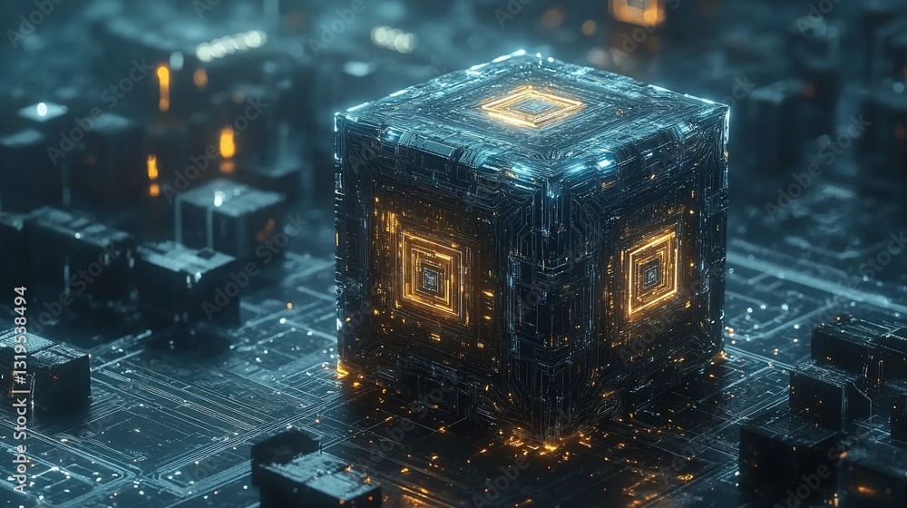 Glowing cube on intricate circuit board Glowing cube on intricate circuit board