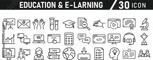 Education and E-Learning icon set. Tuition, e-learning, Batch, educational tools, and digital education icons. Solid icon collection.