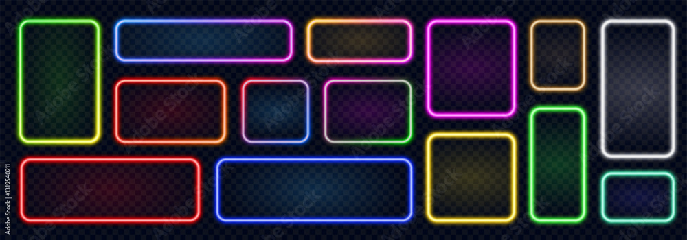 Neon rectangle with rounded edges, set colorful glowing illuminate frame, glowing neon light borders, retro led neon lamp tube on dark background