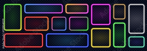 Neon rectangle with rounded edges, set colorful glowing illuminate frame, glowing neon light borders, retro led neon lamp tube on dark background