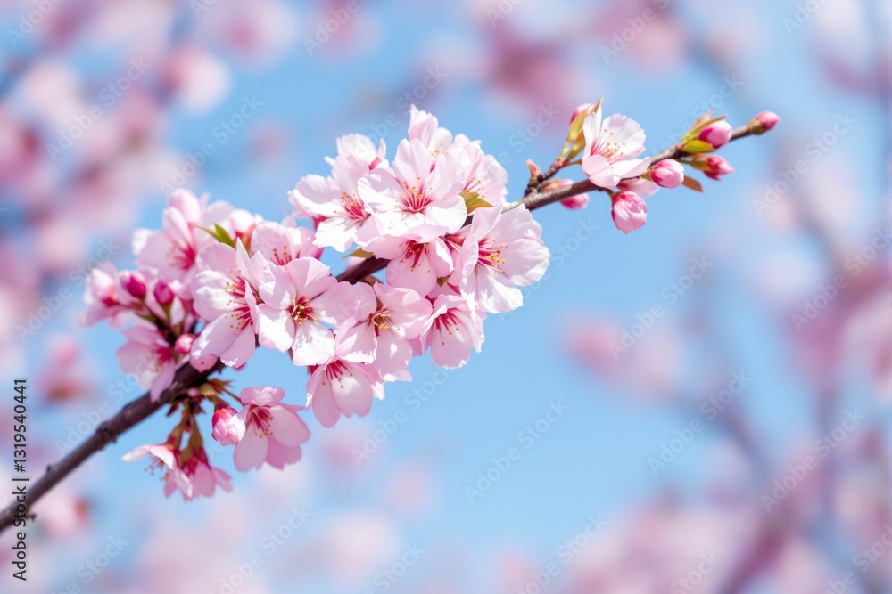 Close-up of cherry blossom branch with soft pink petals and buds, shot in natural sunlight, against a blurred blue sky background. Concept of springtime. Ai generative Close-up of cherry blossom branch with soft pink petals and buds, shot in natural sunlight, against a blurred blue sky background. Concept of springtime. Ai generative