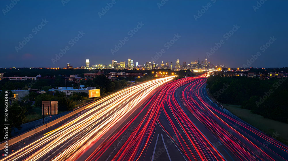 Fototapeta premium Elevated View of Atlanta Skyline at Twilight With Blurred Traffic on Highway in Foreground