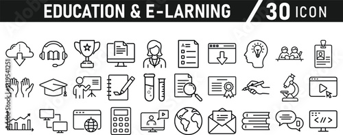 Education and E-Learning icon set. Tuition, e-learning, Batch, educational tools, and digital education icons. Solid icon collection.