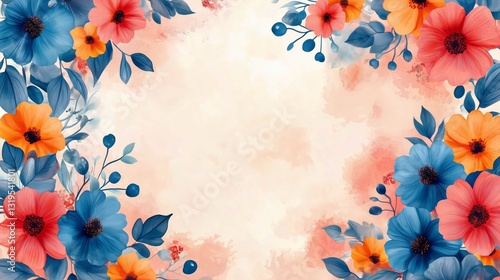 Colorful Floral Border With Blue and Orange Flowers on Soft Background for Cr...