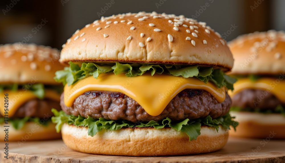 A juicy beef patty cooked to perfection on the grill, topped with rich melted cheddar cheese and served on a perfectly toasted sesame seed bun. A juicy beef patty cooked to perfection on the grill, topped with rich melted cheddar cheese and served on a perfectly toasted sesame seed bun.