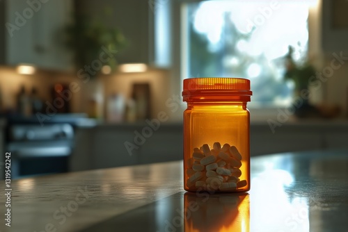 Yellow Pills in a Bottle on a Kitchen Counter With a Modern Appliance in the ...
