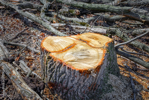 When this large tree was felled, only then did we realize that it was actually 3 trees that grew together to form one trunk.  Clearing woods in Hershey PA.