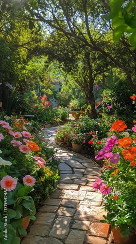 Vibrant Spring Garden Pathway Adorned With Colorful Flowers and Lush Greenery