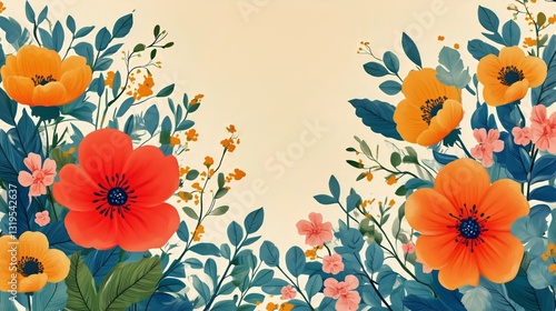 Colorful Floral Border With Blue and Orange Flowers on Soft Background for Cr...