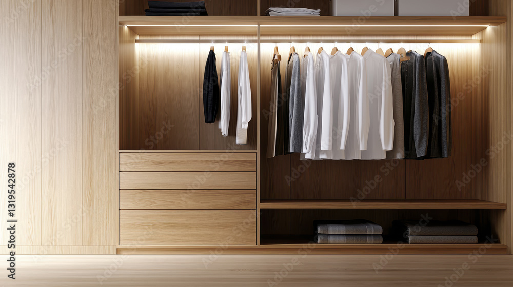 Modern wooden wardrobe with neatly arranged shirts and drawers Modern wooden wardrobe with neatly arranged shirts and drawers