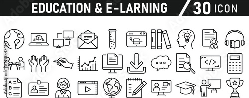 Education and E-Learning icon set. Tuition, e-learning, Batch, educational tools, and digital education icons. Solid icon collection.