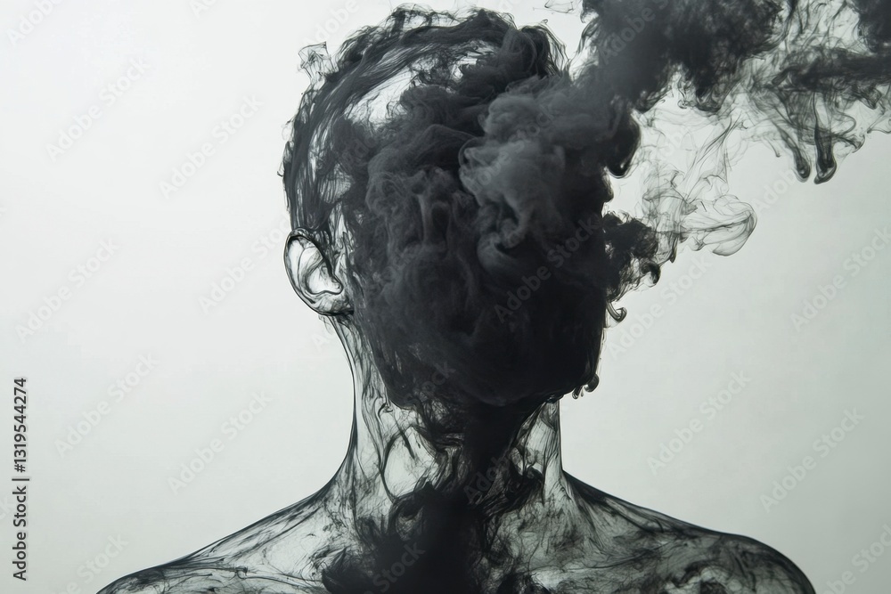 Fototapeta premium Abstract Conceptual Portrait of a Person with Head and Body Filled with Dark Smoke on White Background