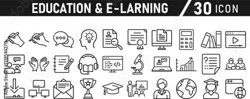 Education and E-Learning icon set. Tuition, e-learning, Batch, educational tools, and digital education icons. Solid icon collection.