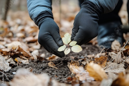 Planting Small Seedlings in Forest Soil for Environmental Restoration Efforts...
