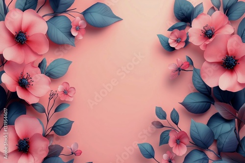 Floral Design With Pink Flowers and Dark Leaves in a Soft Blue Background