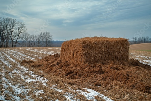 Hay Bales Resting on Farmland With Mountains and Overcast Sky in the Background