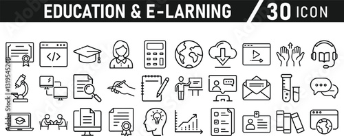 Education and E-Learning icon set. Tuition, e-learning, Batch, educational tools, and digital education icons. Solid icon collection.