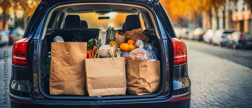 Grocery shopping bags overflowing in car trunk