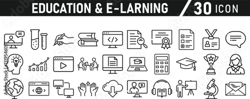 Education and E-Learning icon set. Tuition, e-learning, Batch, educational tools, and digital education icons. Solid icon collection.