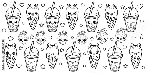 Funny coloring page with food characters in kawaii style.Vector illustration on white background